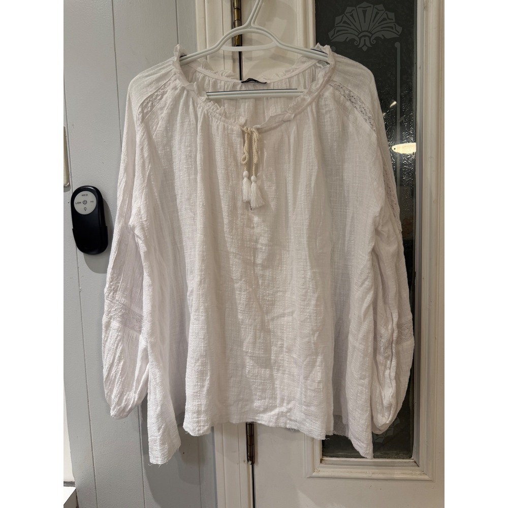 Spencer + Ella Olivaceous White Cotton Gauze Lace Peasant Blouse Large NEW